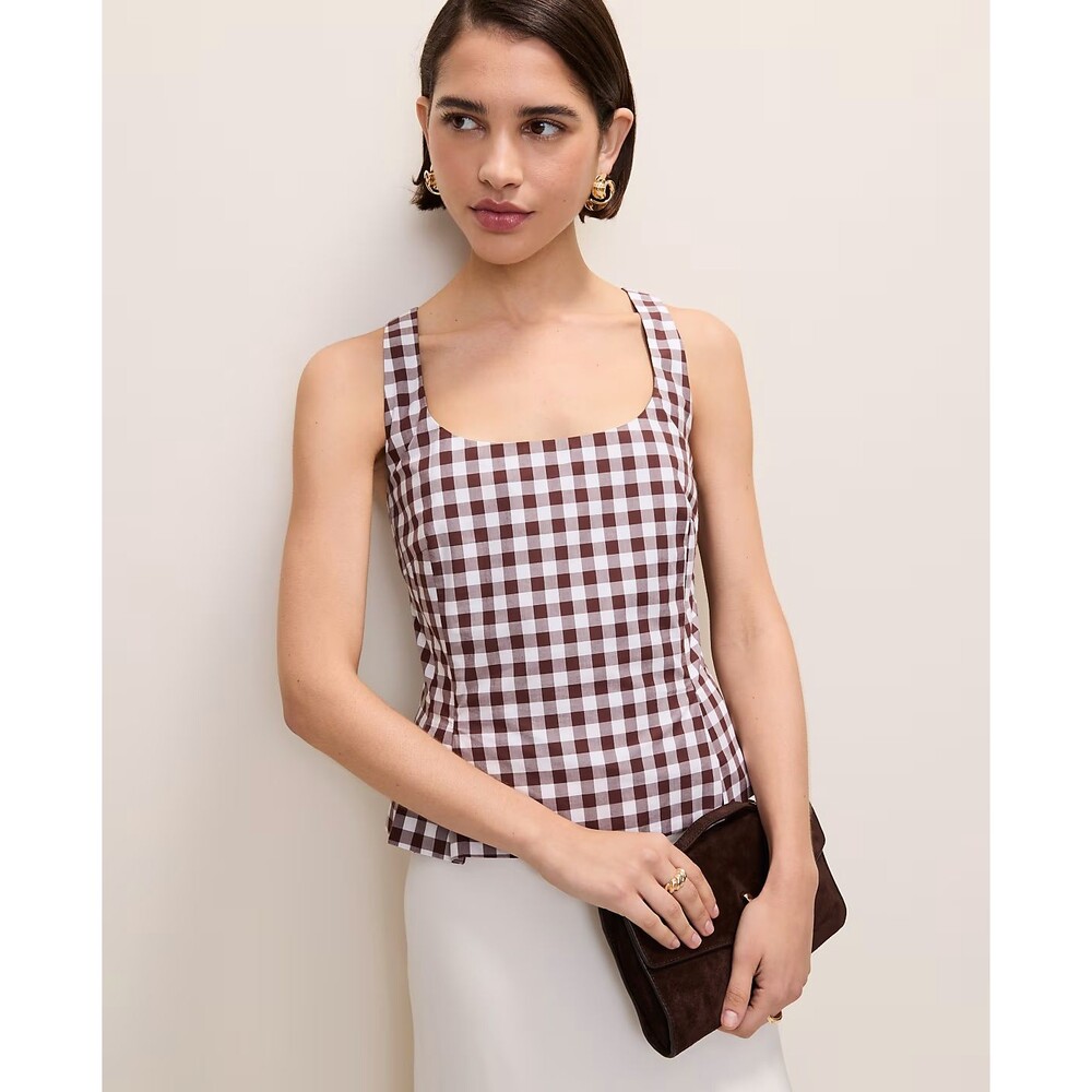 Ann Taylor Peplum Tank Top 10 Brown Gingham Print Sleeveless Cotton